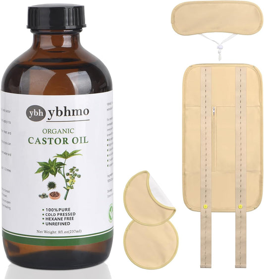 Organic Castor Oil Cold Pressed Glass Bottle (8Fl.Oz/237Ml), Castor Oil Pack Wrap Organic Cotton for Liver Wastes Release, Inflammation and Relieve Pain